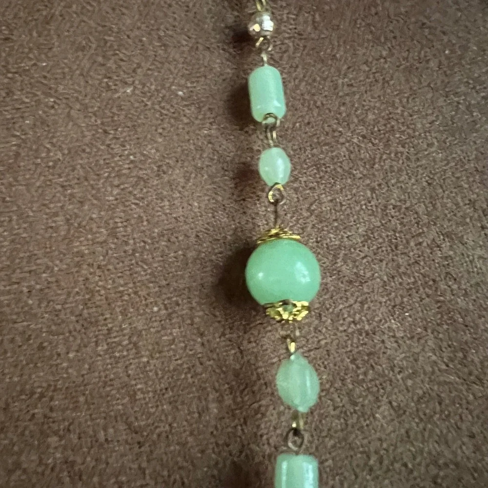 Vintage Faux Jade Green Glass Beaded Long Flapper Necklace 46 Inch Cottagecore